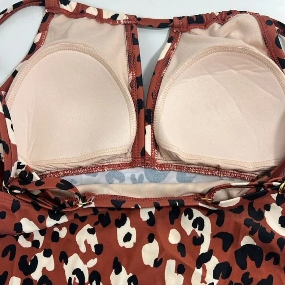 Kona Sol Womens Leopard Print Tankini Top Medium Nylon Spandex Recycled